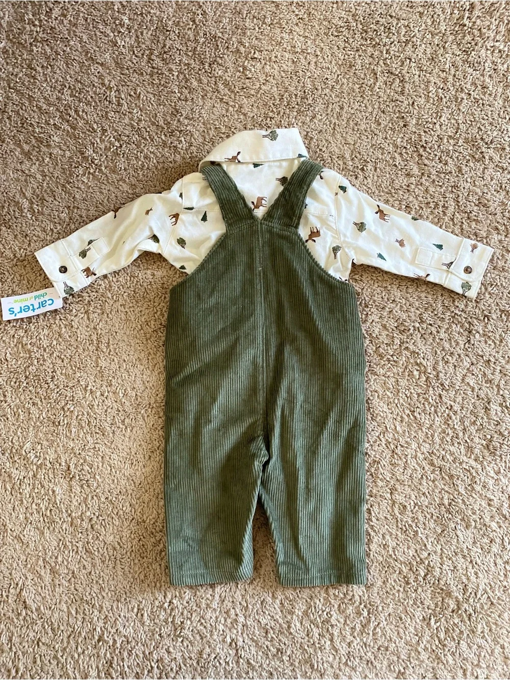 Carters boys green corduroy collared overall set 3-6 months New